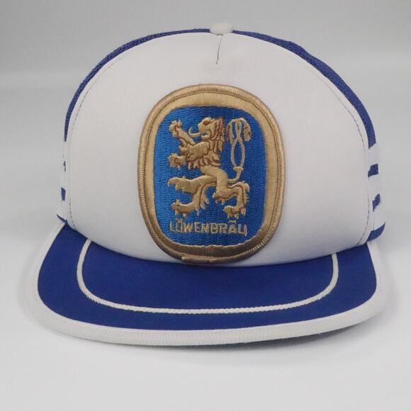 Vintage Three Stripe Hat Cap Snapback Blue Trucker Lowenbrau Beer Patch Logo - Picture 1 of 9